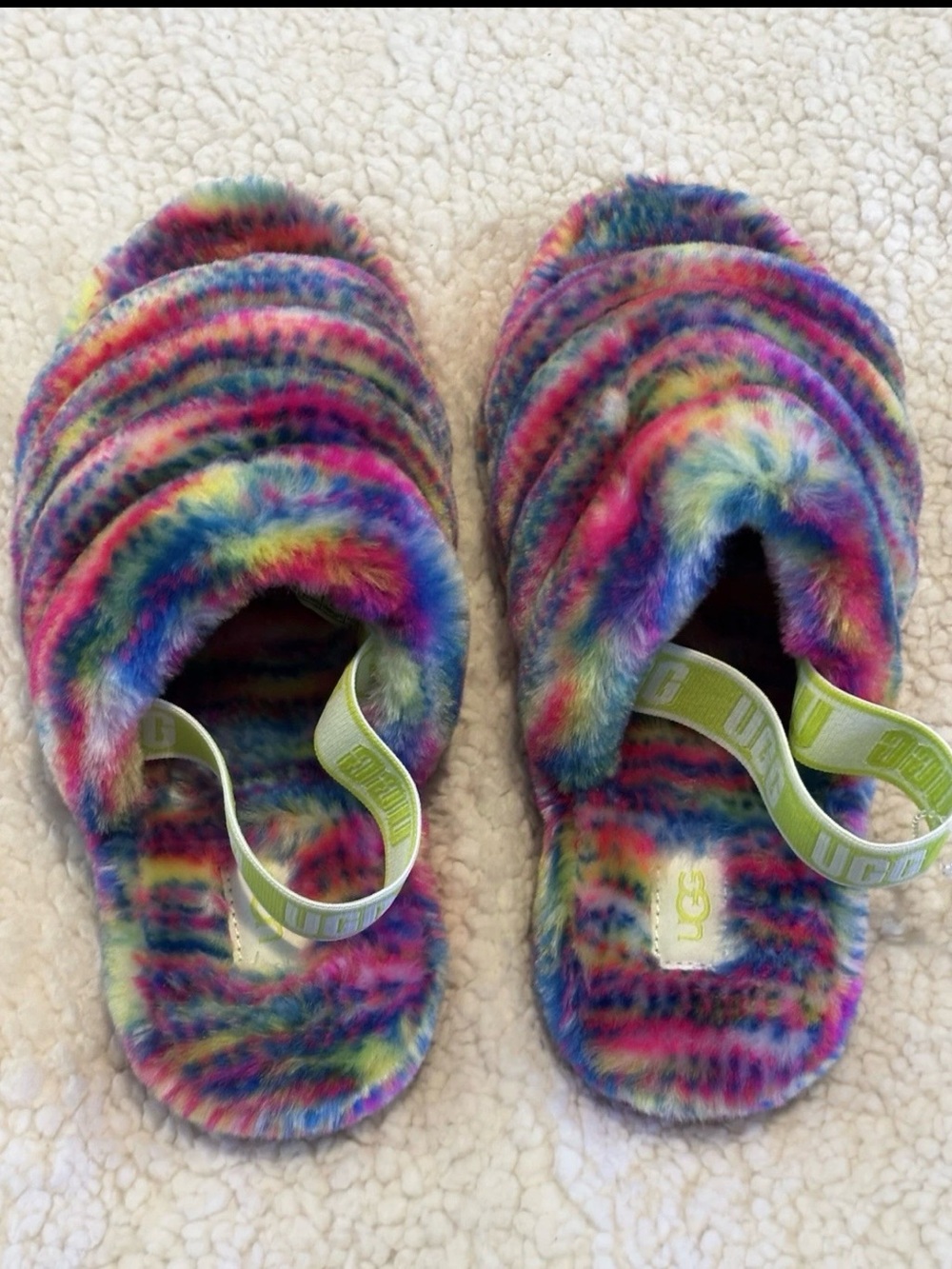 UGG Rainbow Faux-Fur Slide Sandals with Lime Heel Strap